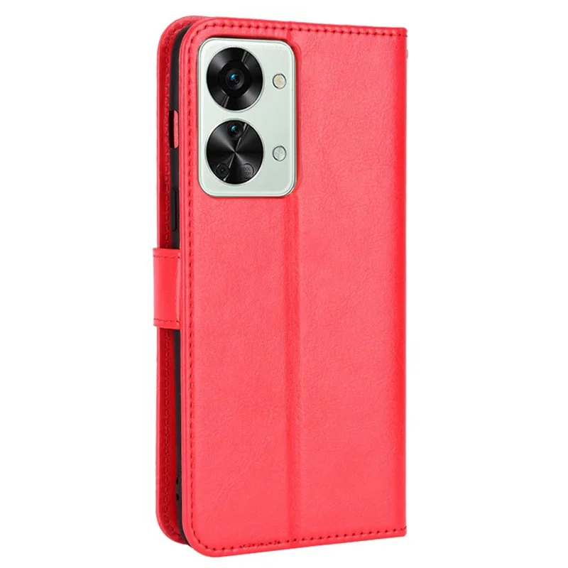 For OnePlus Nord 2T 5G Shockproof PU Leather Flip Case Crazy Horse Texture Inner TPU Anti-Scratch Stand Wallet Cover with Strap - Red