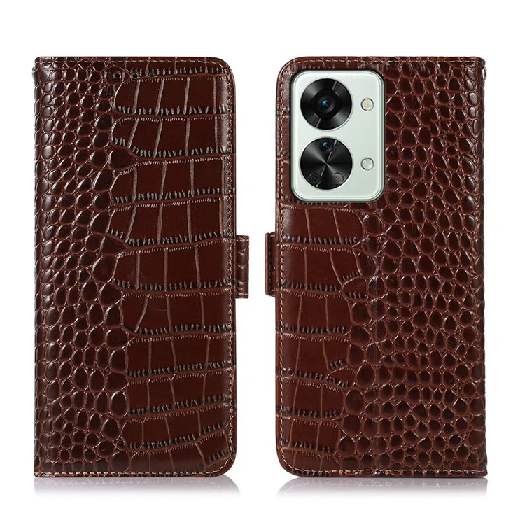 Pour OnePlus Nord 2T 5G Véritable Cuir de Vache Folio Flip Cover Shell Texture Crocodile Blocage RFID Support Magnétique Fermeture Portefeuille Étui - Marron
