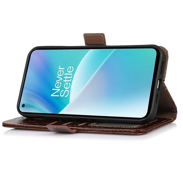 Pour OnePlus Nord 2T 5G Véritable Cuir de Vache Folio Flip Cover Shell Texture Crocodile Blocage RFID Support Magnétique Fermeture Portefeuille Étui - Marron