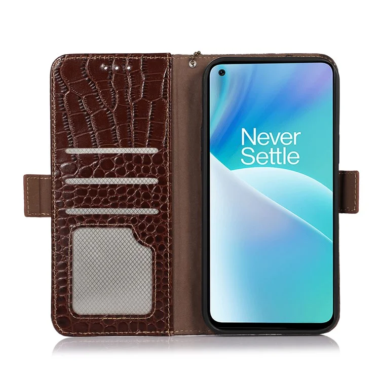 Pour OnePlus Nord 2T 5G Véritable Cuir de Vache Folio Flip Cover Shell Texture Crocodile Blocage RFID Support Magnétique Fermeture Portefeuille Étui - Marron