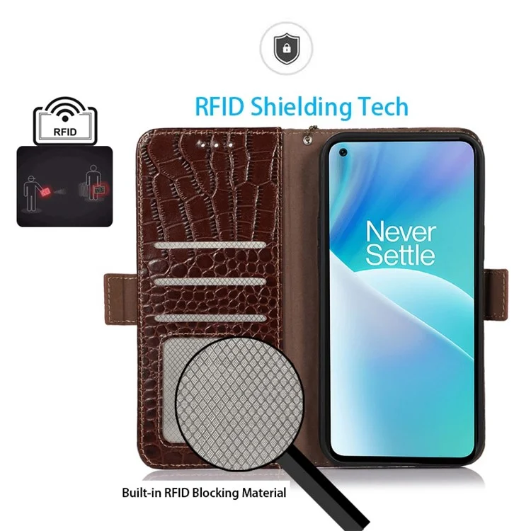 Pour OnePlus Nord 2T 5G Véritable Cuir de Vache Folio Flip Cover Shell Texture Crocodile Blocage RFID Support Magnétique Fermeture Portefeuille Étui - Marron