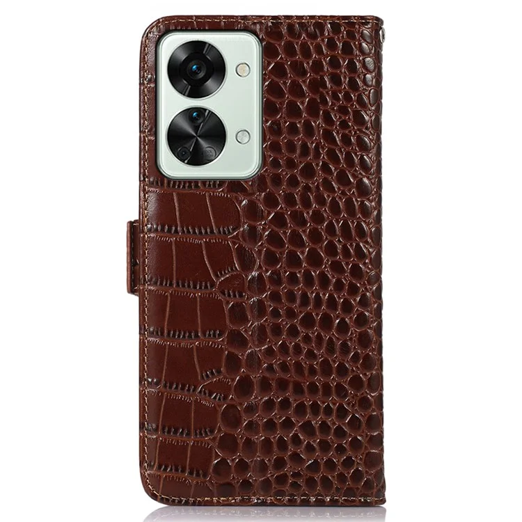 Pour OnePlus Nord 2T 5G Véritable Cuir de Vache Folio Flip Cover Shell Texture Crocodile Blocage RFID Support Magnétique Fermeture Portefeuille Étui - Marron