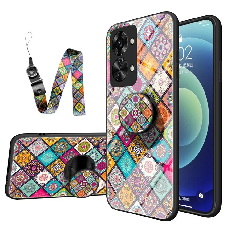 Для OnePlus Nord 2T 5G Чехол для телефона с цветочным узором Закалённое стекло + PC + TPU Защитный чехол с подставкой-подставкой и шнурком - Клетчатый узор