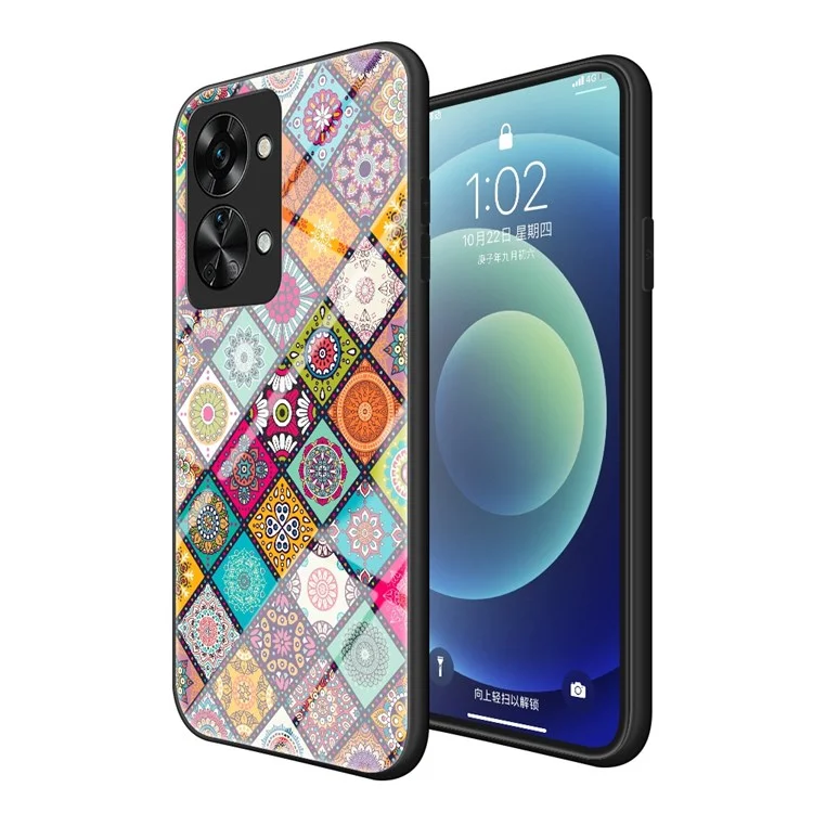 Для OnePlus Nord 2T 5G Чехол для телефона с цветочным узором Закалённое стекло + PC + TPU Защитный чехол с подставкой-подставкой и шнурком - Клетчатый узор