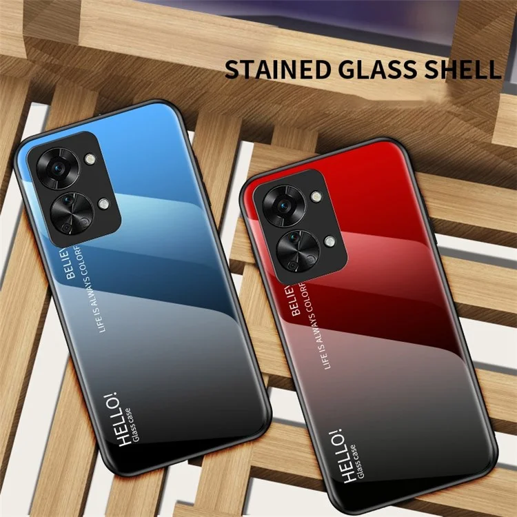 For OnePlus Nord 2T 5G Shockproof Gradient Color Tempered Glass Case Hard PC Soft TPU Frame Cover Protector - Gradient Red Black