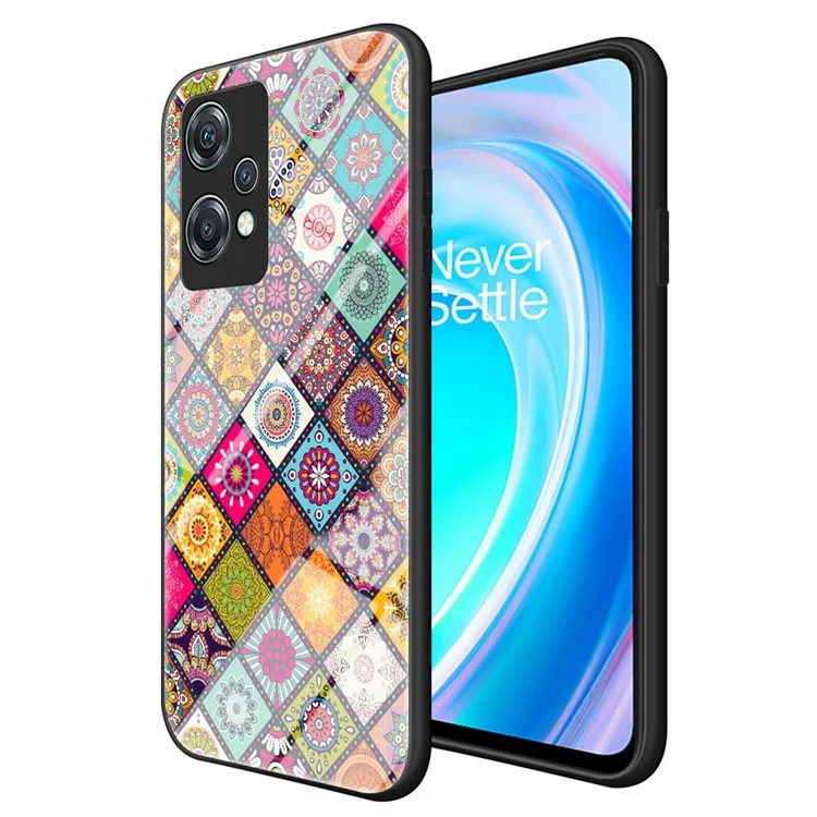 Para OnePlus Nord ce 2 Lite 5G Kickstand Funter Patrón de Flores Caso Protector de Vidrio Templado + PC + TPU Cubierta de Teléfono Anti-caza Con Cordón - Patrón de Color