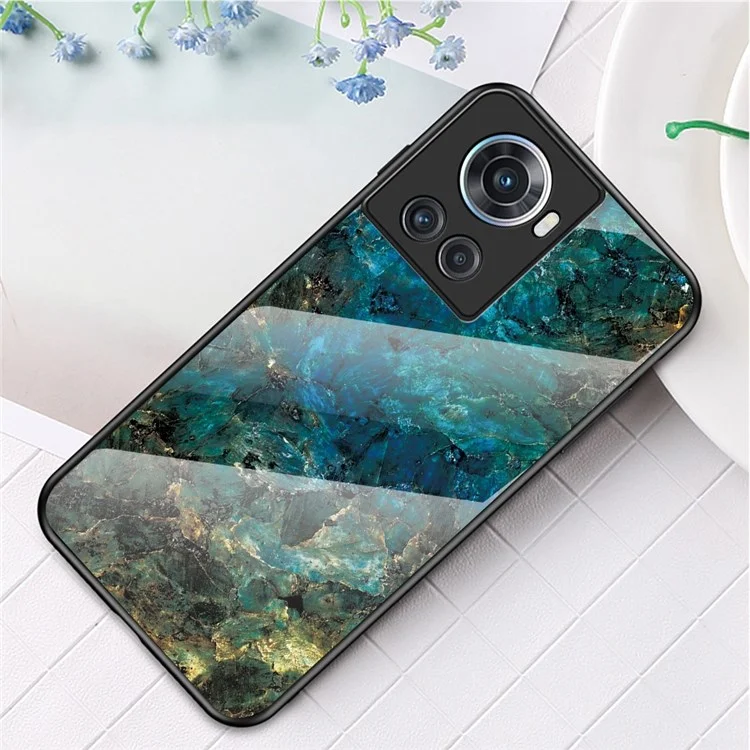 For OnePlus Ace 5G Marble Pattern Anti-fall Tempered Glass + PC Back TPU Frame Hybrid Phone Cover Shell - Emerald Marble