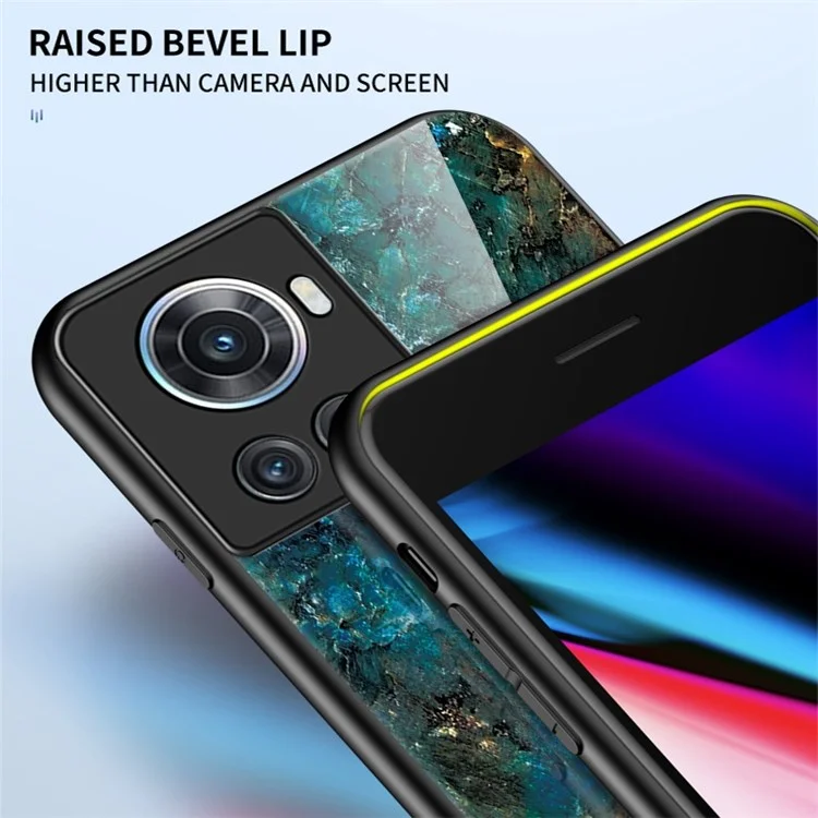 For OnePlus Ace 5G Marble Pattern Anti-fall Tempered Glass + PC Back TPU Frame Hybrid Phone Cover Shell - Emerald Marble
