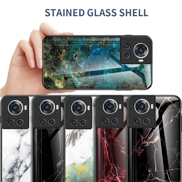 For OnePlus Ace 5G Marble Pattern Anti-fall Tempered Glass + PC Back TPU Frame Hybrid Phone Cover Shell - Emerald Marble