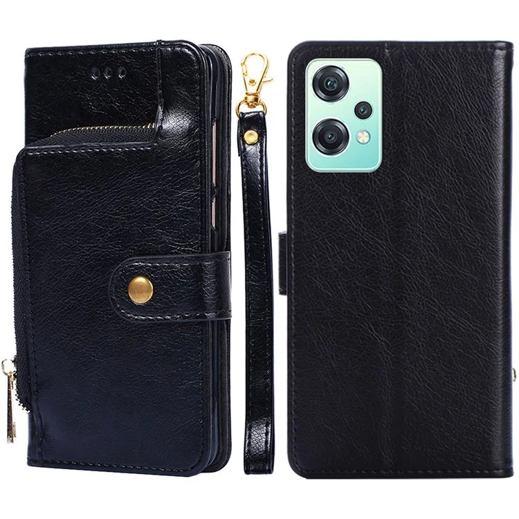 Zipper Pocket Phone Case for OnePlus Nord CE 2 Lite 5G, PU Leather Foldable Stand Cell Phone Cover with Wallet - Black