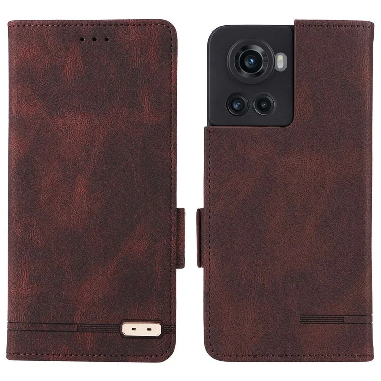 For OnePlus 10R 5G/Ace 5G Hardware Design PU Leather Wallet Stand Case Folio Flip Phone Cover - Coffee