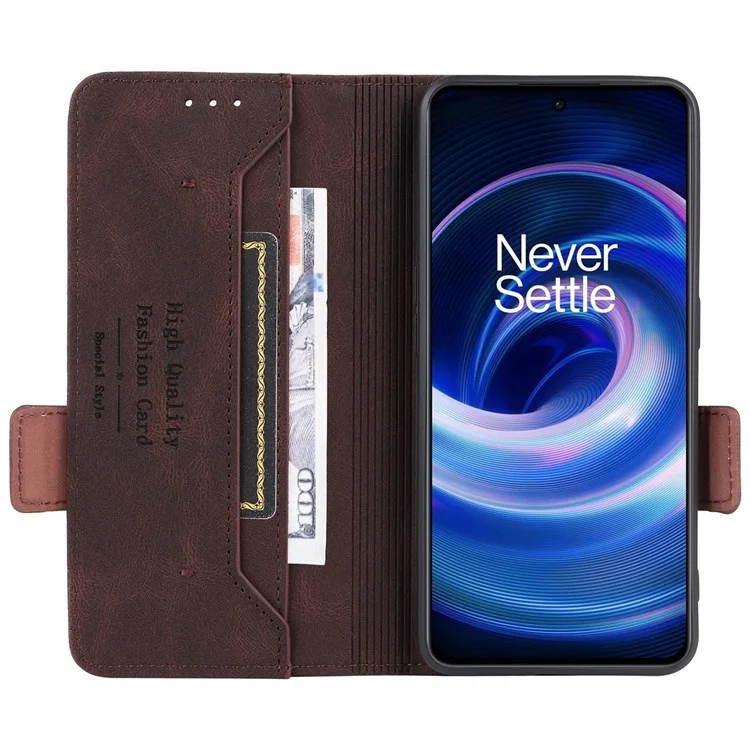 For OnePlus 10R 5G/Ace 5G Hardware Design PU Leather Wallet Stand Case Folio Flip Phone Cover - Coffee