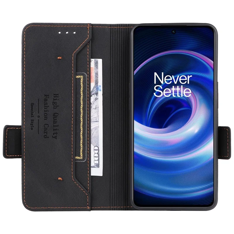 For OnePlus 10R 5G/Ace 5G Hardware Design PU Leather Wallet Stand Case Folio Flip Phone Cover - Black