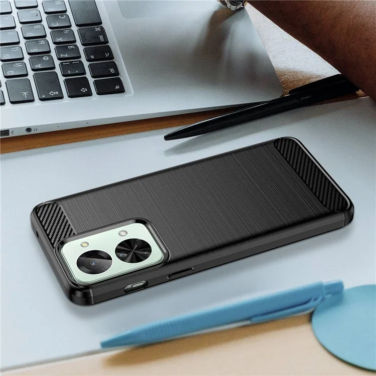 For OnePlus Nord 2T 5G Light Slim TPU Phone Case Carbon Fiber Texture Brushed Surface Shockproof Cover - Black