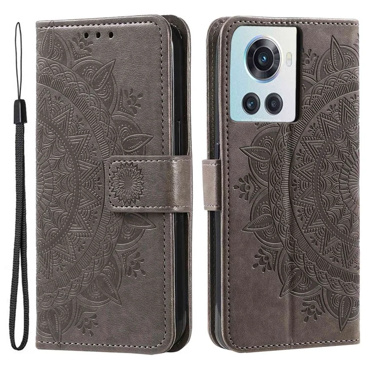 For OnePlus 10R 5G/Ace 5G Anti-scratch Stand Cover Mandala Flower Pattern Imprinted PU Leather Wallet Flip Case with Wrist Strap - Grey