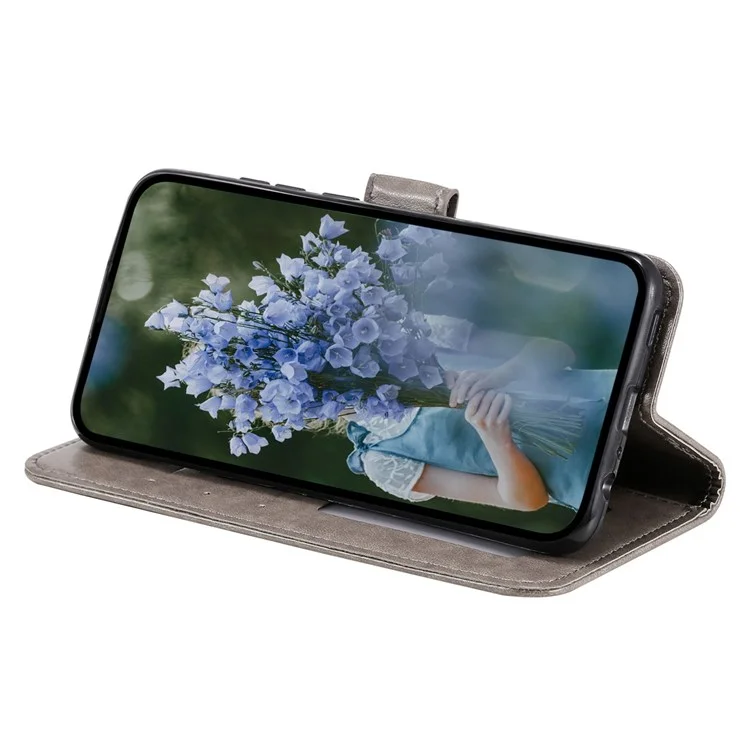 For OnePlus 10R 5G/Ace 5G Anti-scratch Stand Cover Mandala Flower Pattern Imprinted PU Leather Wallet Flip Case with Wrist Strap - Grey