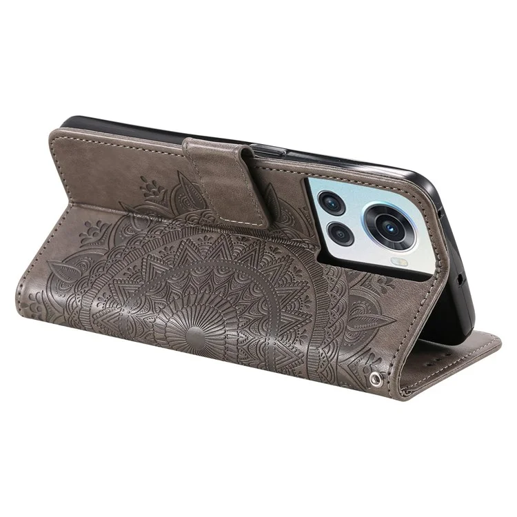 For OnePlus 10R 5G/Ace 5G Anti-scratch Stand Cover Mandala Flower Pattern Imprinted PU Leather Wallet Flip Case with Wrist Strap - Grey