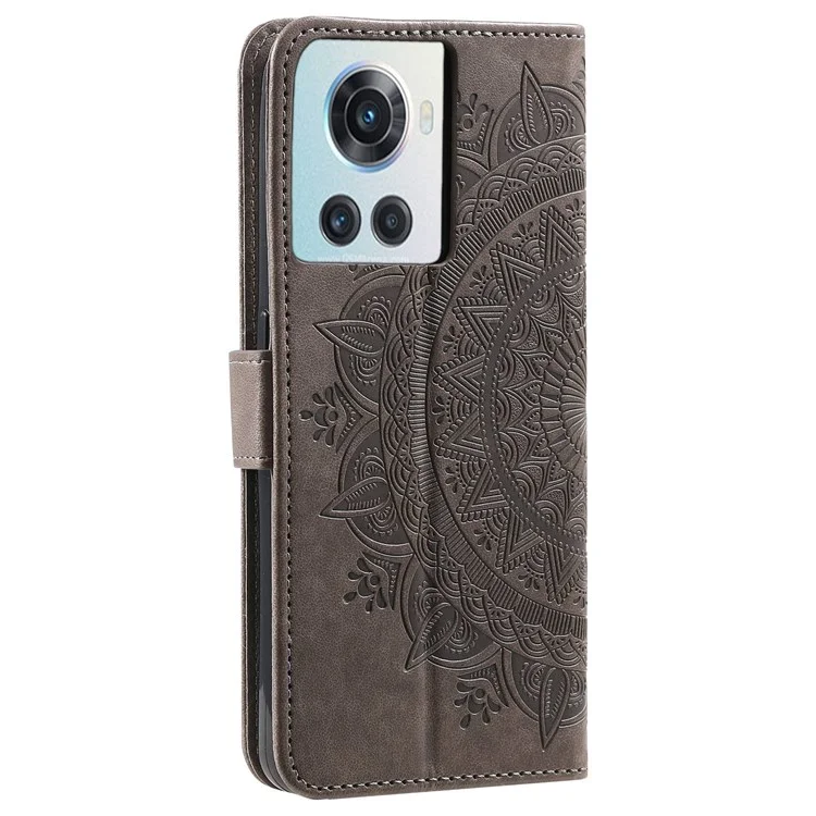 For OnePlus 10R 5G/Ace 5G Anti-scratch Stand Cover Mandala Flower Pattern Imprinted PU Leather Wallet Flip Case with Wrist Strap - Grey