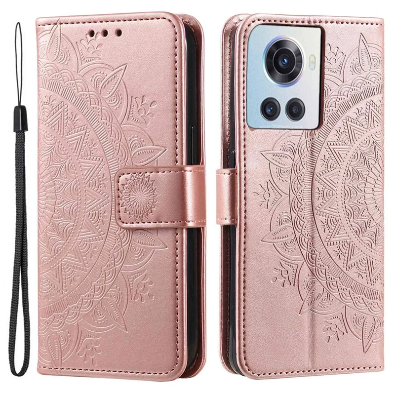 For OnePlus 10R 5G/Ace 5G Anti-scratch Stand Cover Mandala Flower Pattern Imprinted PU Leather Wallet Flip Case with Wrist Strap - Rose Gold