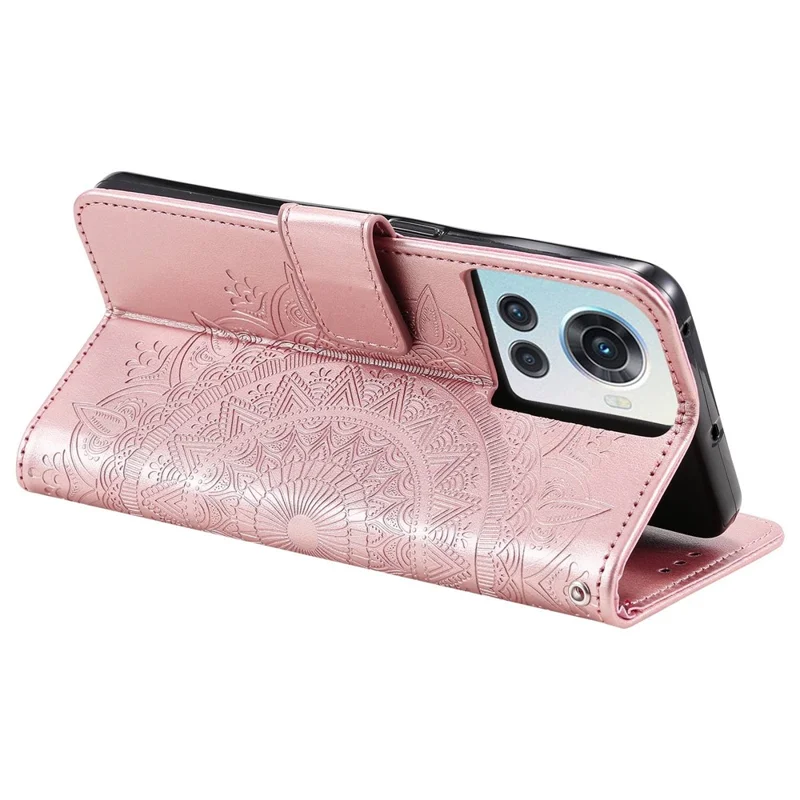 For OnePlus 10R 5G/Ace 5G Anti-scratch Stand Cover Mandala Flower Pattern Imprinted PU Leather Wallet Flip Case with Wrist Strap - Rose Gold