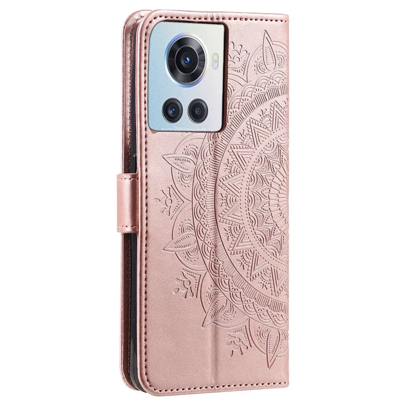For OnePlus 10R 5G/Ace 5G Anti-scratch Stand Cover Mandala Flower Pattern Imprinted PU Leather Wallet Flip Case with Wrist Strap - Rose Gold