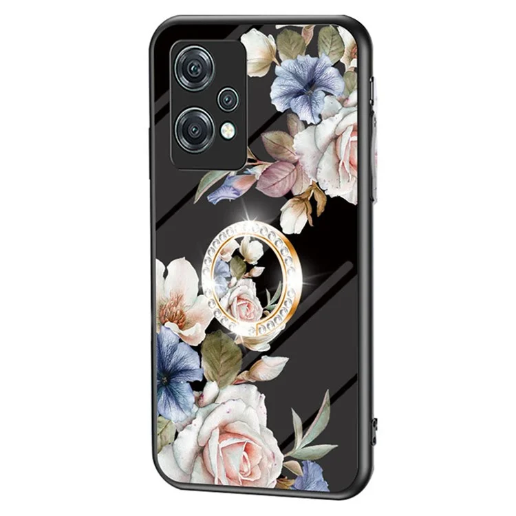 For OnePlus Nord CE 2 Lite 5G Precise Cutout Flower Pattern Printing Phone Case TPU + PC + Tempered Glass Hybrid Cover with Kickstand - Black Flower Bush