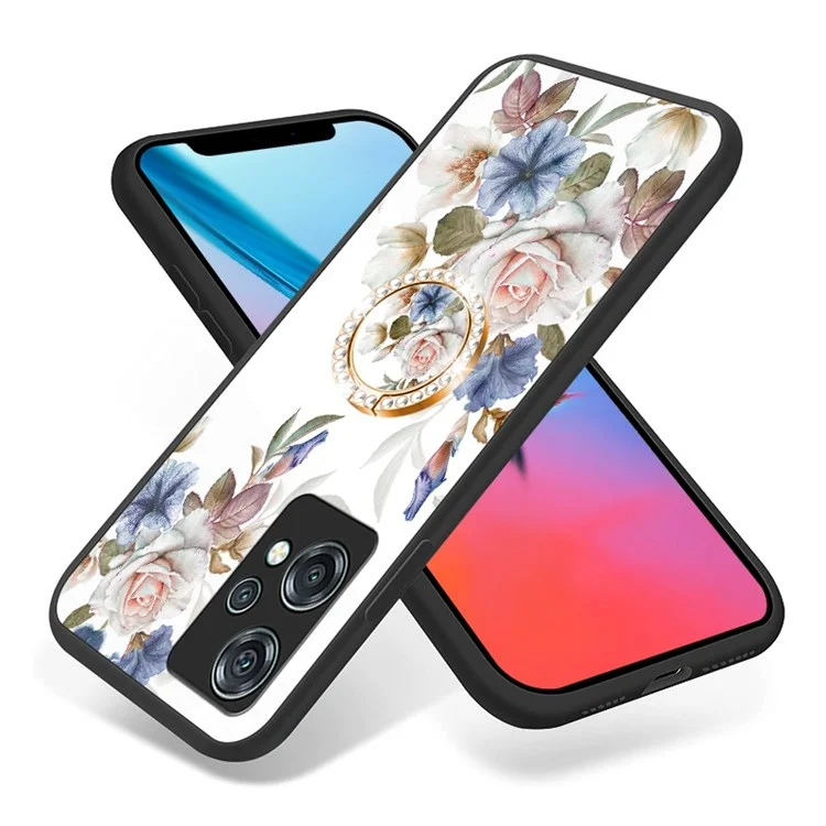 For OnePlus Nord CE 2 Lite 5G Precise Cutout Flower Pattern Printing Phone Case TPU + PC + Tempered Glass Hybrid Cover with Kickstand - Black Flower Bush
