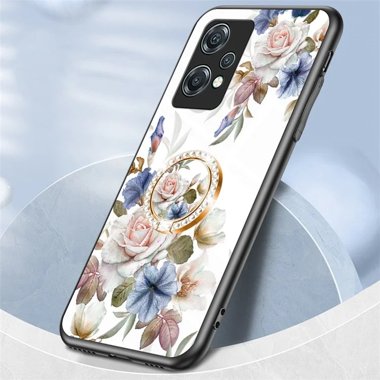 For OnePlus Nord CE 2 Lite 5G Precise Cutout Flower Pattern Printing Phone Case TPU + PC + Tempered Glass Hybrid Cover with Kickstand - Black Flower Bush