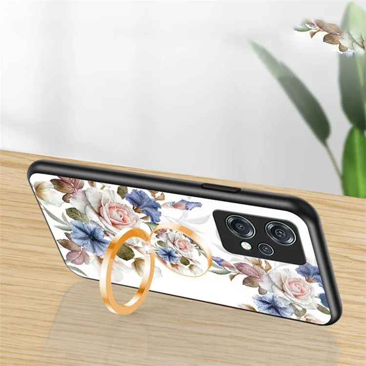 For OnePlus Nord CE 2 Lite 5G Precise Cutout Flower Pattern Printing Phone Case TPU + PC + Tempered Glass Hybrid Cover with Kickstand - Black Flower Bush