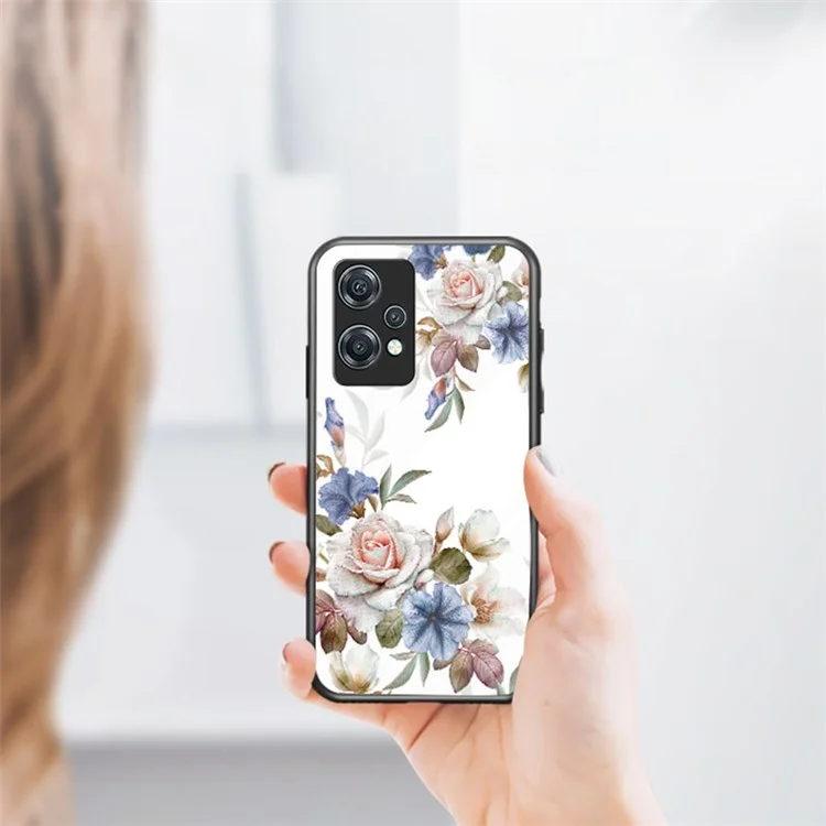 For OnePlus Nord CE 2 Lite 5G Precise Cutout Flower Pattern Printing Phone Case TPU + PC + Tempered Glass Hybrid Cover with Kickstand - Black Flower Bush