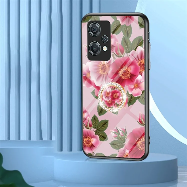 For OnePlus Nord CE 2 Lite 5G Precise Cutout Flower Pattern Printing Phone Case TPU + PC + Tempered Glass Hybrid Cover with Kickstand - Black Flower Bush