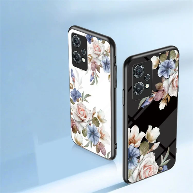 For OnePlus Nord CE 2 Lite 5G Precise Cutout Flower Pattern Printing Phone Case TPU + PC + Tempered Glass Hybrid Cover with Kickstand - Black Flower Bush