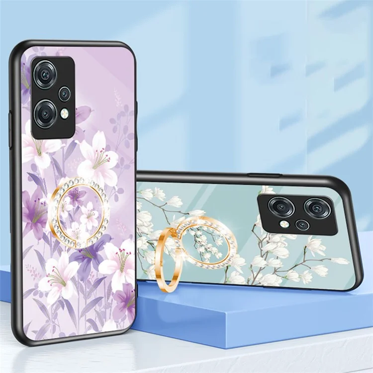 For OnePlus Nord CE 2 Lite 5G Precise Cutout Flower Pattern Printing Phone Case TPU + PC + Tempered Glass Hybrid Cover with Kickstand - Black Flower Bush