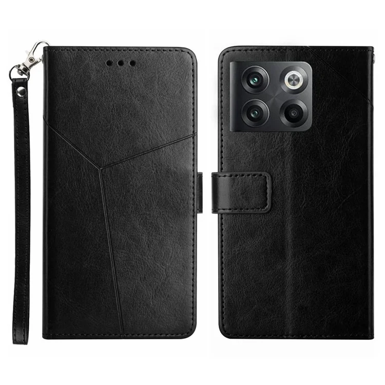 Für OnePlus 10T 5G / Ace Pro 5G HT01 PU Leder Brieftaschenstand Hülle Eingeprägte Y-förmige Linien Gut Geschützte Telefonabdeckung - Schwarz