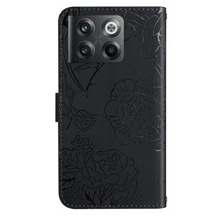 For OnePlus 10T 5G / Ace Pro 5G Skin-touch Magnetic Leather Folio Flip Cover Butterfly Flowers Imprinting Stand Wallet Case with Shoulder Strap - Black