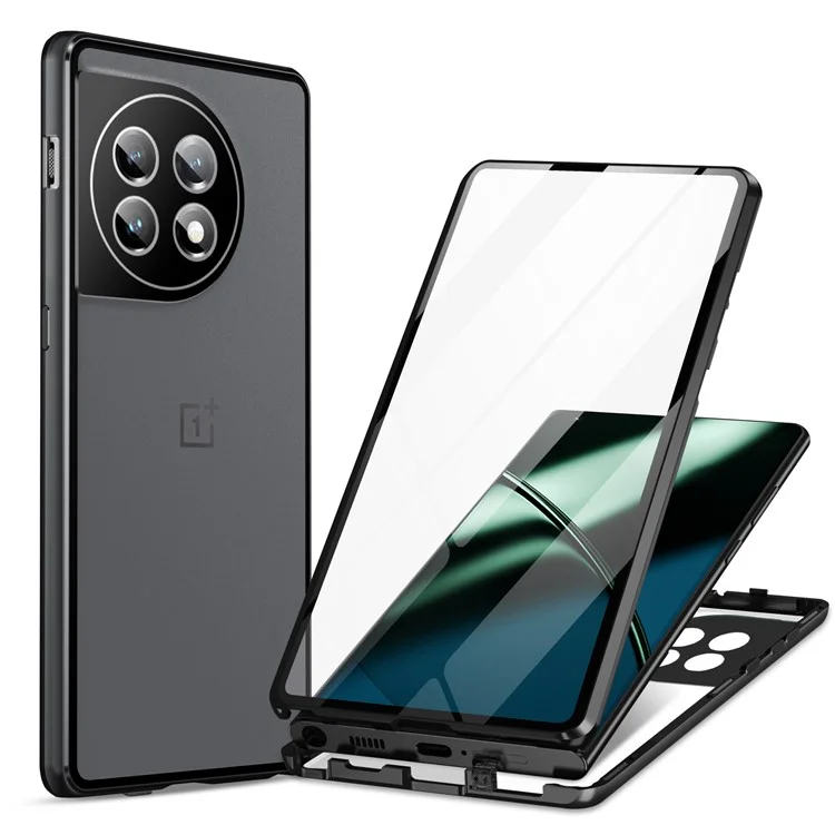 Capa de Moldura de Metal para OnePlus 11 5G, Capa de Celular de Vidro Temperado com Proteção Total e Trava - Preta