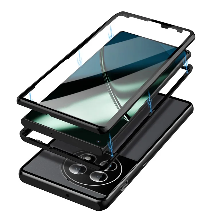 Capa de Moldura de Metal para OnePlus 11 5G, Capa de Celular de Vidro Temperado com Proteção Total e Trava - Preta