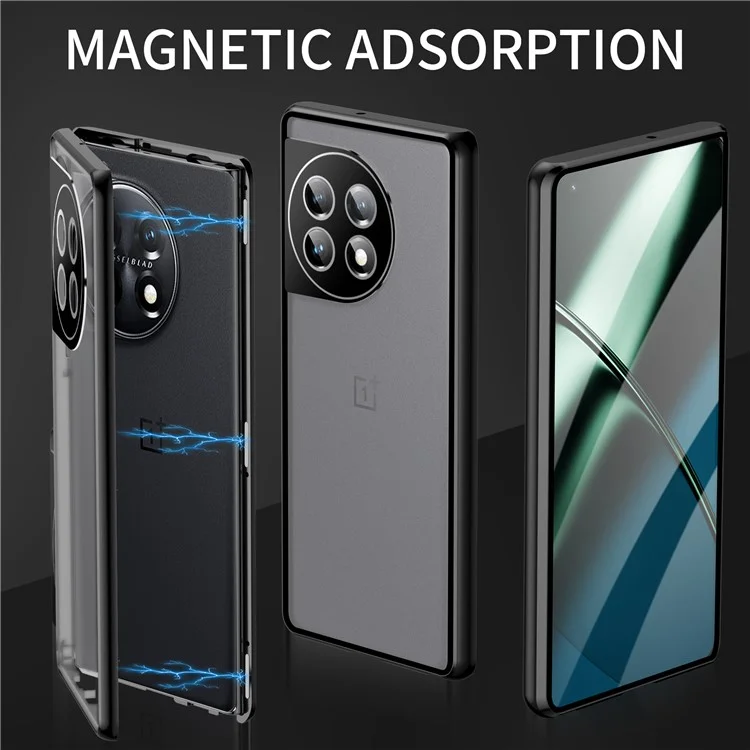 Capa de Moldura de Metal para OnePlus 11 5G, Capa de Celular de Vidro Temperado com Proteção Total e Trava - Preta