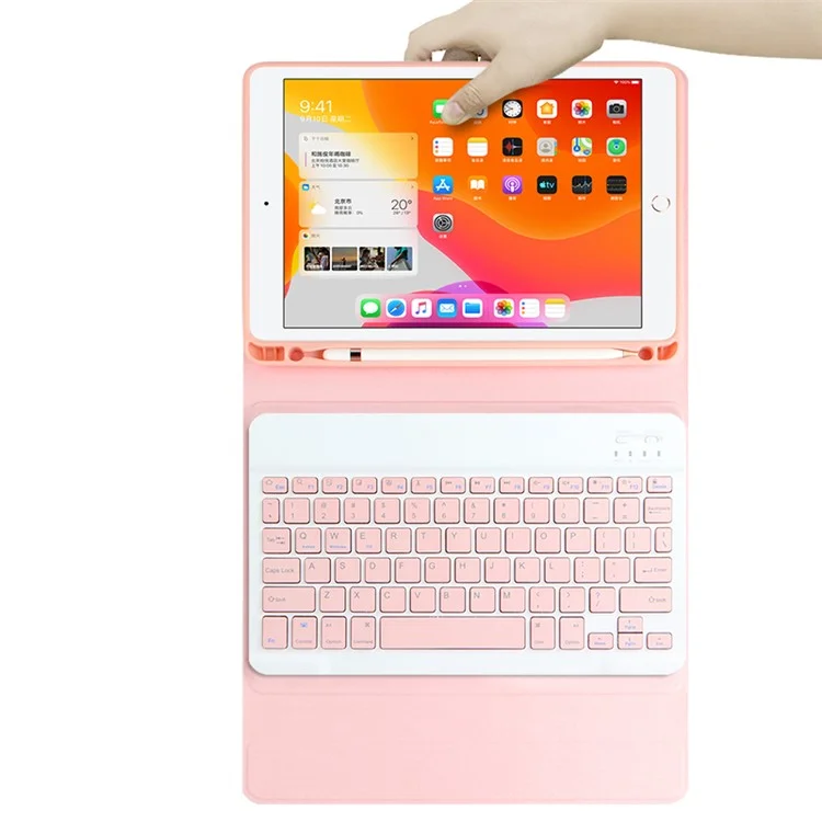 AJIUYU Para iPad 10.2 (2021) / (2020) / (2019) Teclado inalámbrico Bluetooth + Funda de cuero de color caramelo - Rosa