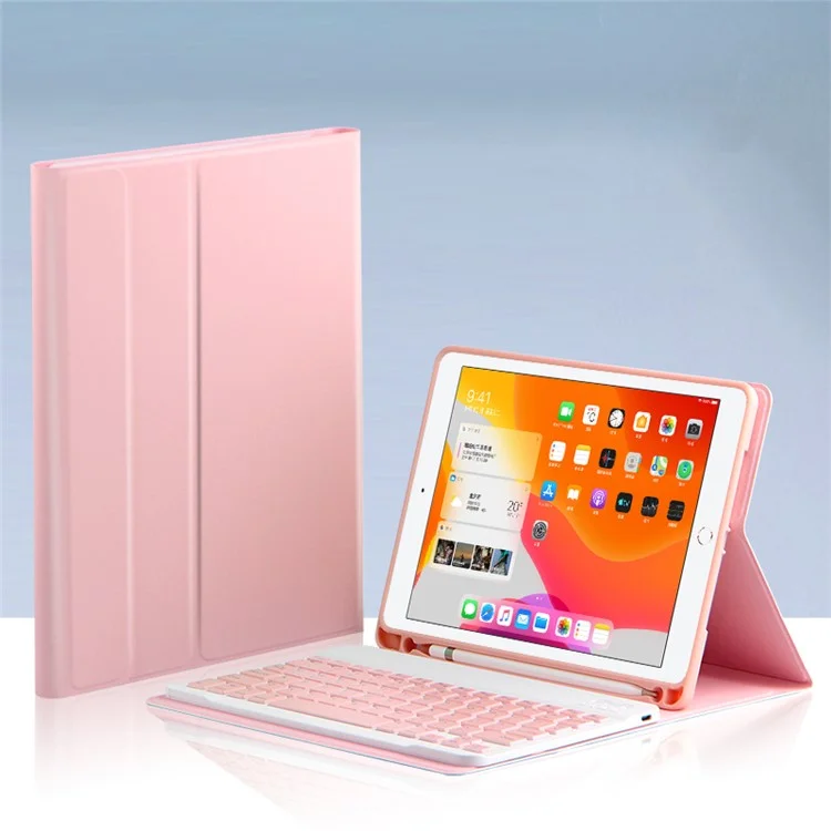 AJIUYU Para iPad 10.2 (2021) / (2020) / (2019) Teclado inalámbrico Bluetooth + Funda de cuero de color caramelo - Rosa