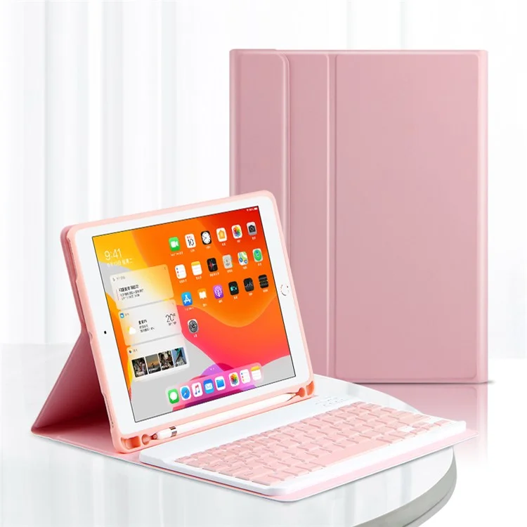 AJIUYU Para iPad 10.2 (2021) / (2020) / (2019) Teclado inalámbrico Bluetooth + Funda de cuero de color caramelo - Rosa