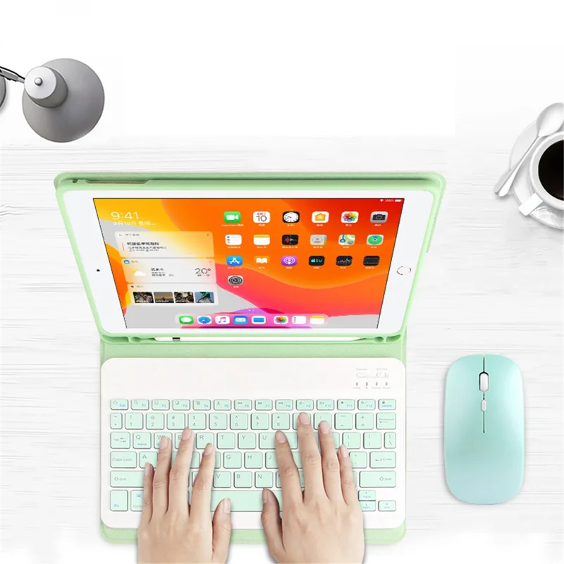 AJIUYU para iPad 10.2 (2021) / (2020) / (2019) Teclado inalámbrico Bluetooth + Funda de cuero de colores pastel - Verde