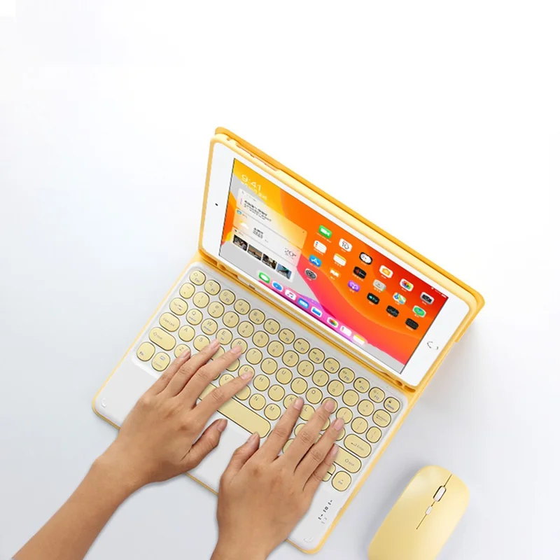 AJIUYU For iPad 10.2 (2021) / (2020) / (2019) Wireless Bluetooth-compatible Keyboard + Candy Color Leather Case - Yellow