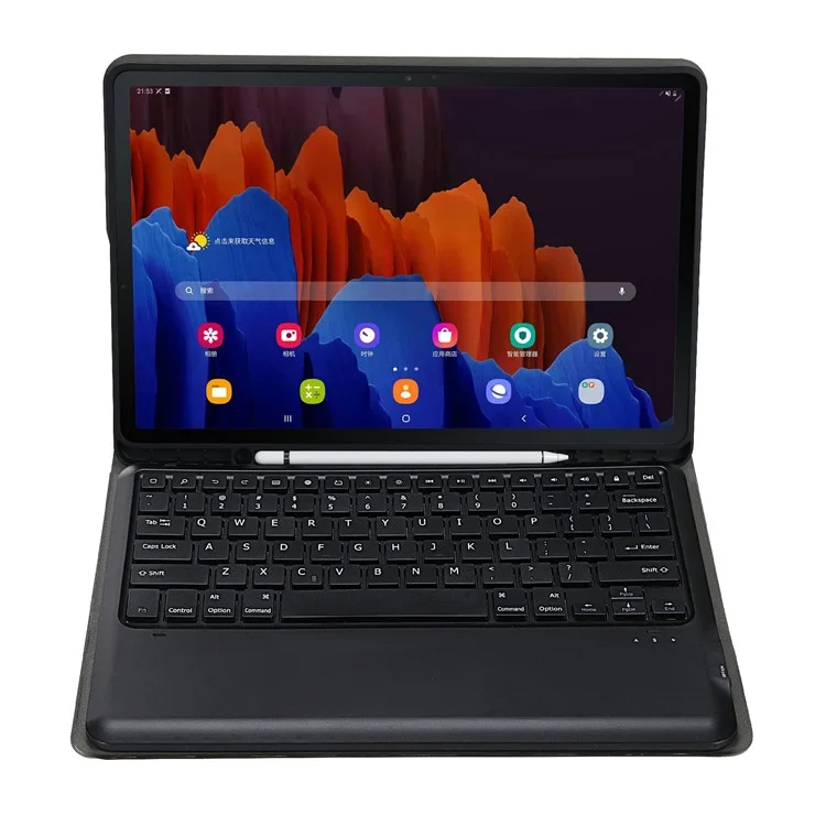 A970B Leather Case Bluetooth-compatible Keyboard with Built-In Pen Slot for Samsung Galaxy Tab S8+ / S7 FE T730 T736 / S7+ 12.4 Inch (T970 / T975 2020) - Black