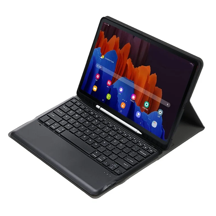 A970B Leather Case Bluetooth-compatible Keyboard with Built-In Pen Slot for Samsung Galaxy Tab S8+ / S7 FE T730 T736 / S7+ 12.4 Inch (T970 / T975 2020) - Black