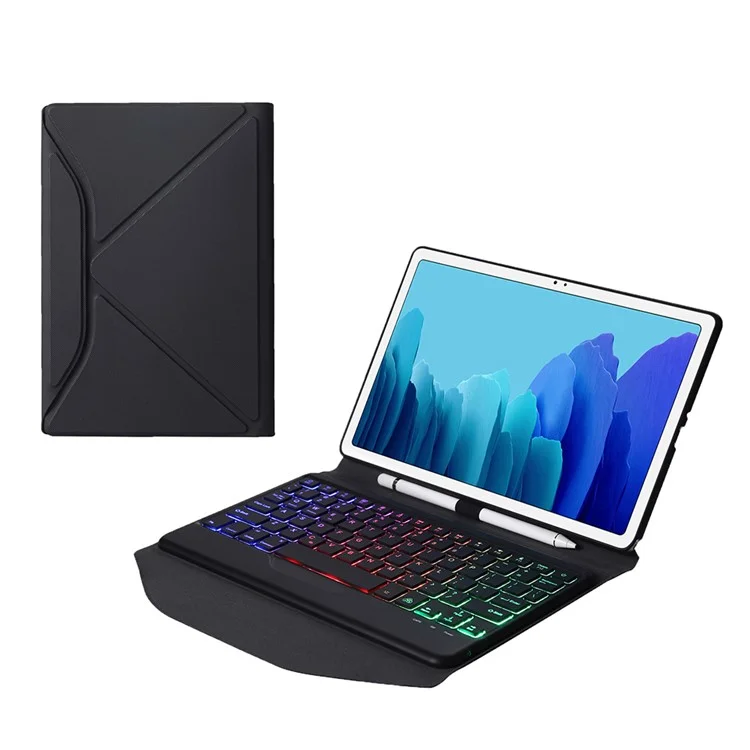 B500S Bluetooth-compatible Keyboard with Triangle Support Leather Protective Case (with Backlit) for Samsung Galaxy Tab A7 10.4 (2020) (T500 / T505) - Black / Black