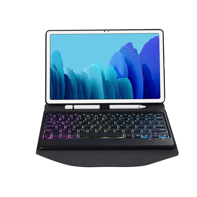 B500S Bluetooth-compatible Keyboard with Triangle Support Leather Protective Case (with Backlit) for Samsung Galaxy Tab A7 10.4 (2020) (T500 / T505) - Black / Black