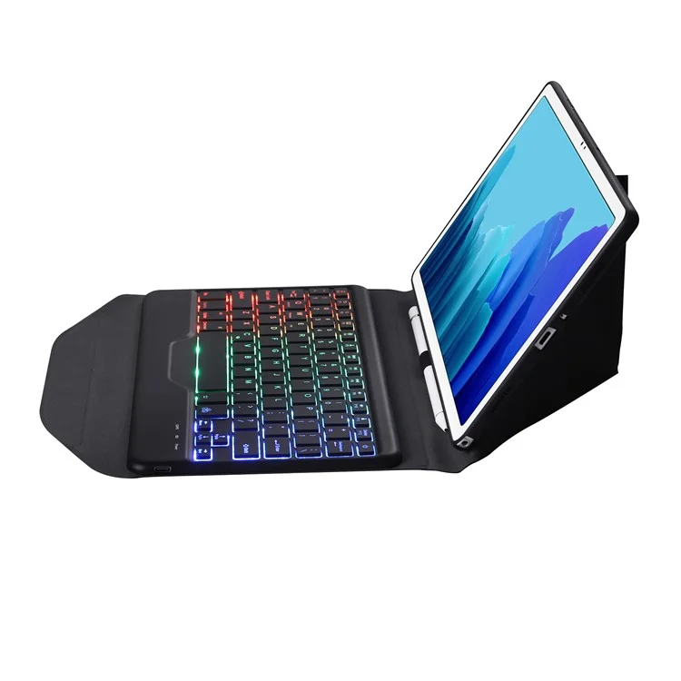 B500S Bluetooth-compatible Keyboard with Triangle Support Leather Protective Case (with Backlit) for Samsung Galaxy Tab A7 10.4 (2020) (T500 / T505) - Black / Black
