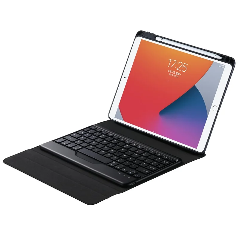 B07 Leather Protective Case + Bluetooth Keyboard Support Triangle Stand Built-in Pen Slot [without Backlit] for iPad 9.7 (2017) (2018) / iPad Pro 9.7 (2016) / iPad Air 2 - Black