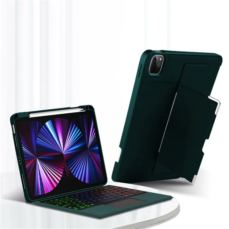 JIUYU For iPad Pro 12.9 (2022)  / (2021) / (2020) / (2018) Leather Case + Bluetooth-compatible Keyboard with Backlight Trackpad - Blackish Green